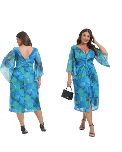 Robe courte de cocktail, fleurie, Bleu