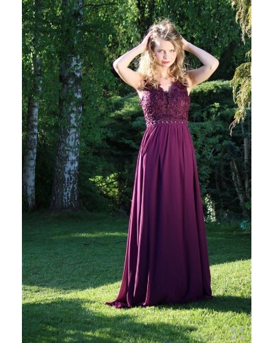 Robe longue de cocktail, avec broderie, Aubergine