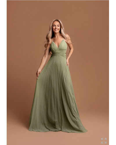 Robe de cocktail à fines bretelles, plissée, Vert Olive