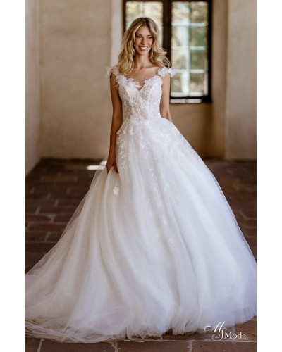 MS MODA - Robe de mariée, princesse, avec plumes et fleurs 3D