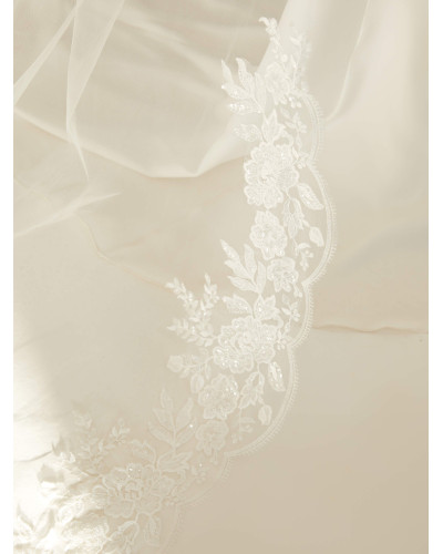 Voile en tulle Diamond, avec bord coupé nu et bordure en dentelle, longueur 280 cm