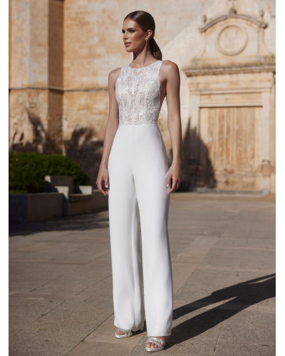Combinaison de mariée, en crêpe extensible et dentelle, Ivoire