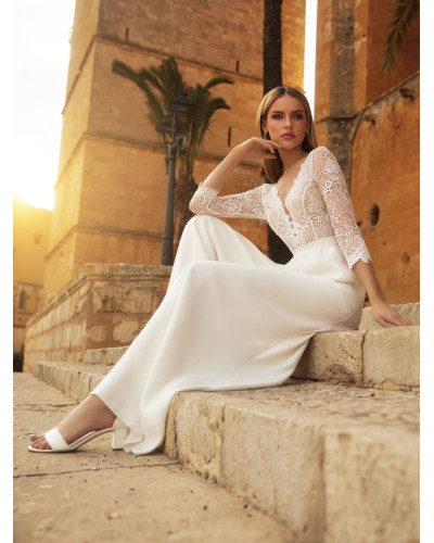 Combinaison de mariée, en crêpe stretch et dentelle, Ivoire