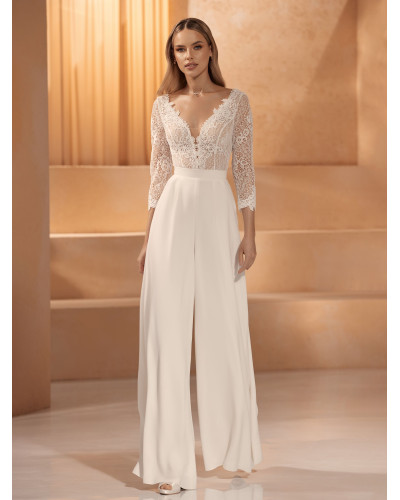 Combinaison de mariée, en crêpe stretch et dentelle, Ivoire