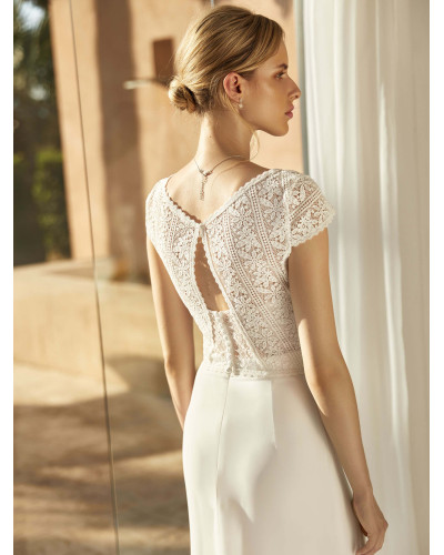 Top de mariée en dentelle à manches courtes, Ivoire