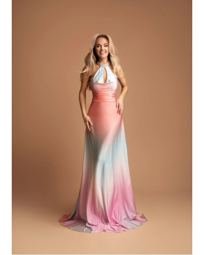 Robe longue de cocktail avec encolure strass, Multicouleur