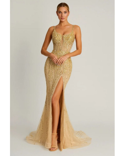 Robe longue de soirée avec strass et paillette, Dorée