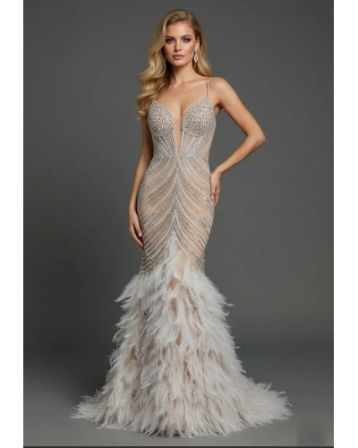 Robe de cocktail, avec plumes, Dorée