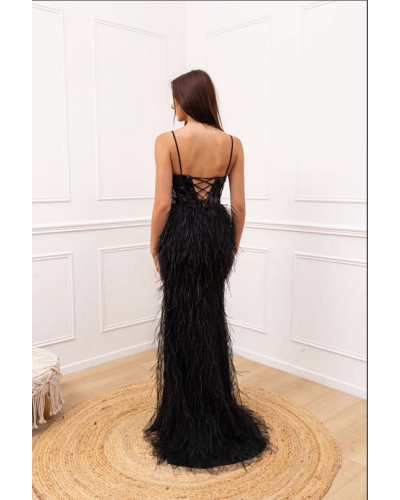 Robe de soirée, avec sequins et plumes, Noire