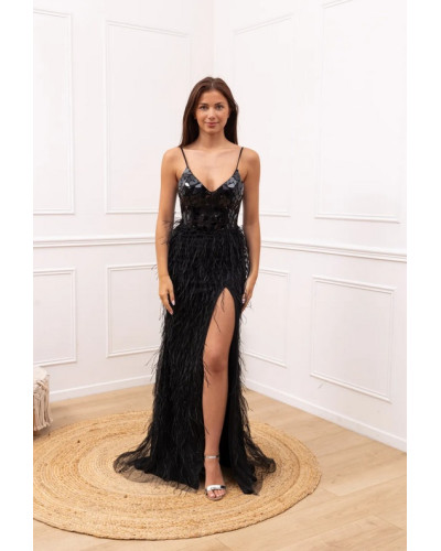 Robe de soirée, avec sequins et plumes, Noire