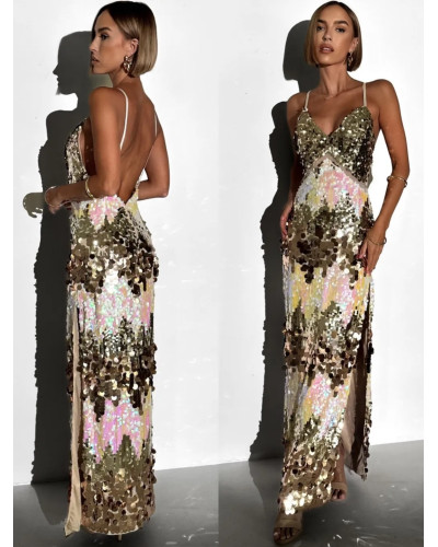 Robe de cocktail, avec large sequins, Dorée