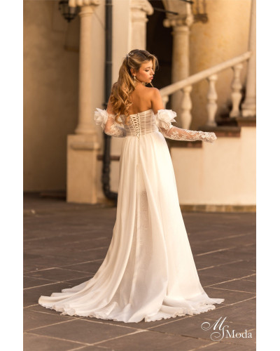 MS MODA - Robe de mariée courte avec manches amovibles, et jupe en organza