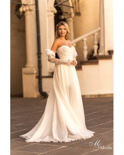 MS MODA - Robe de mariée courte avec manches amovibles, et jupe en organza