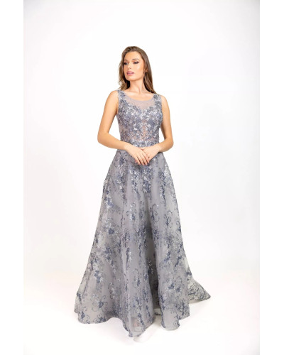 Robe longue de soirée en tulle, Armeria, Grise