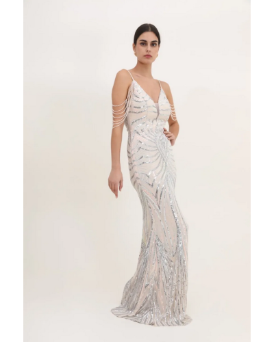 Robe de cocktail, avec détail en strass, et perles, Argent
