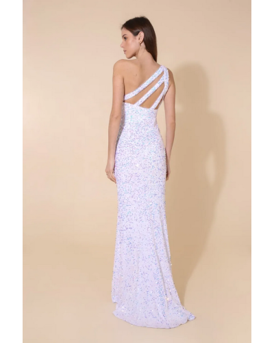 Robe de cocktail, fourreau, avec décolleté asymétrique, Blanche
