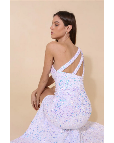 Robe de cocktail, fourreau, avec décolleté asymétrique, Blanche