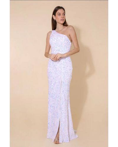 Robe de cocktail, fourreau, avec décolleté asymétrique, Blanche